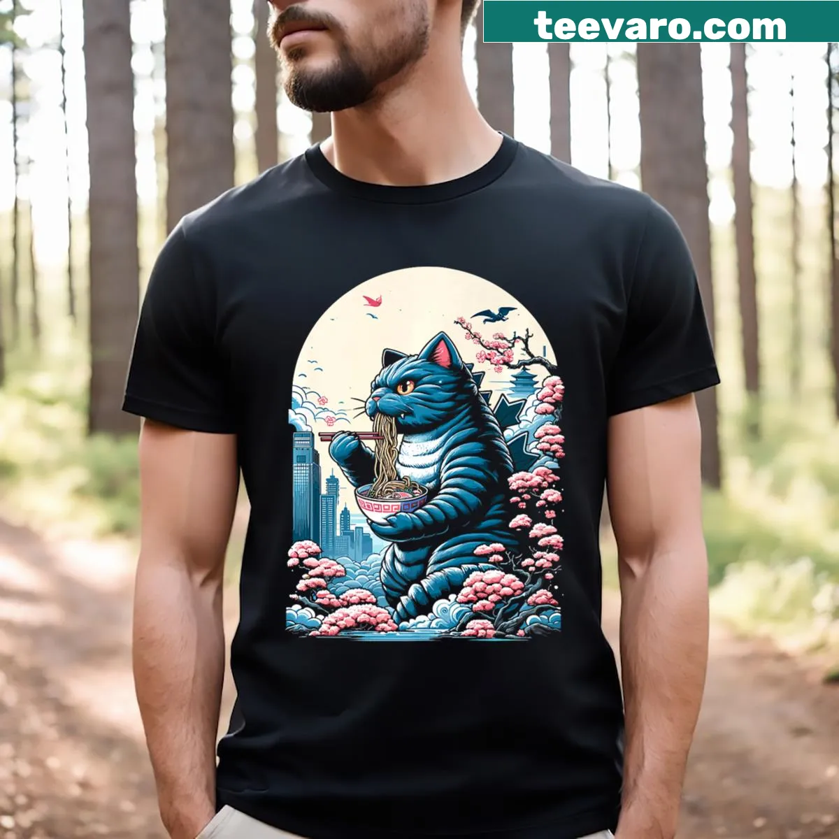 Cartoon Catzilla with ramen noodles in a playful design — on a men's t-shirt