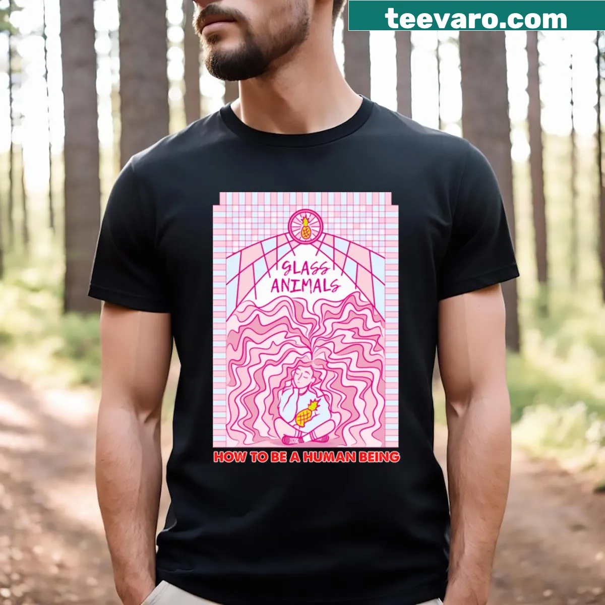 Whimsical graphic of glass animals on a nature-themed t-shirt — on a men's t-shirt