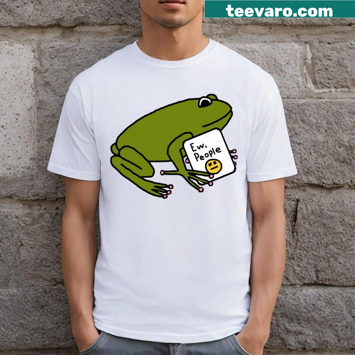 Cartoon frog graphic with the text 'Ew People' on a T-shirt — on a men's t-shirt