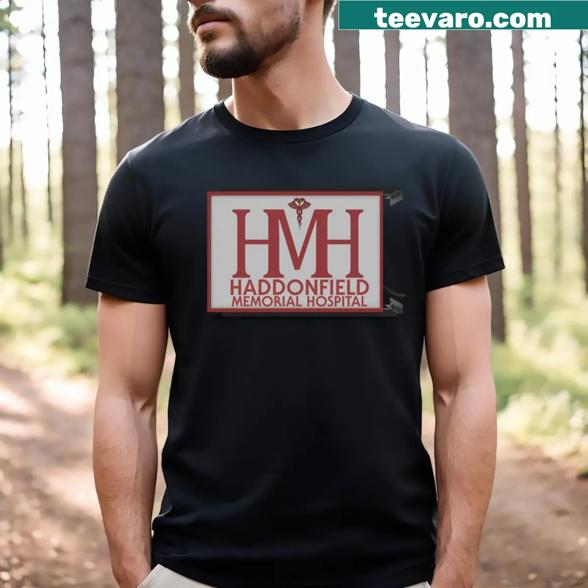Haddonfield Memorial Hospital T-shirt inspired by horror cinema — on a men's t-shirt