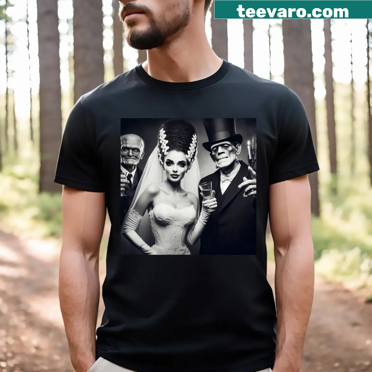 Whimsical couple in Halloween attire graphic on shirt — on a men's t-shirt