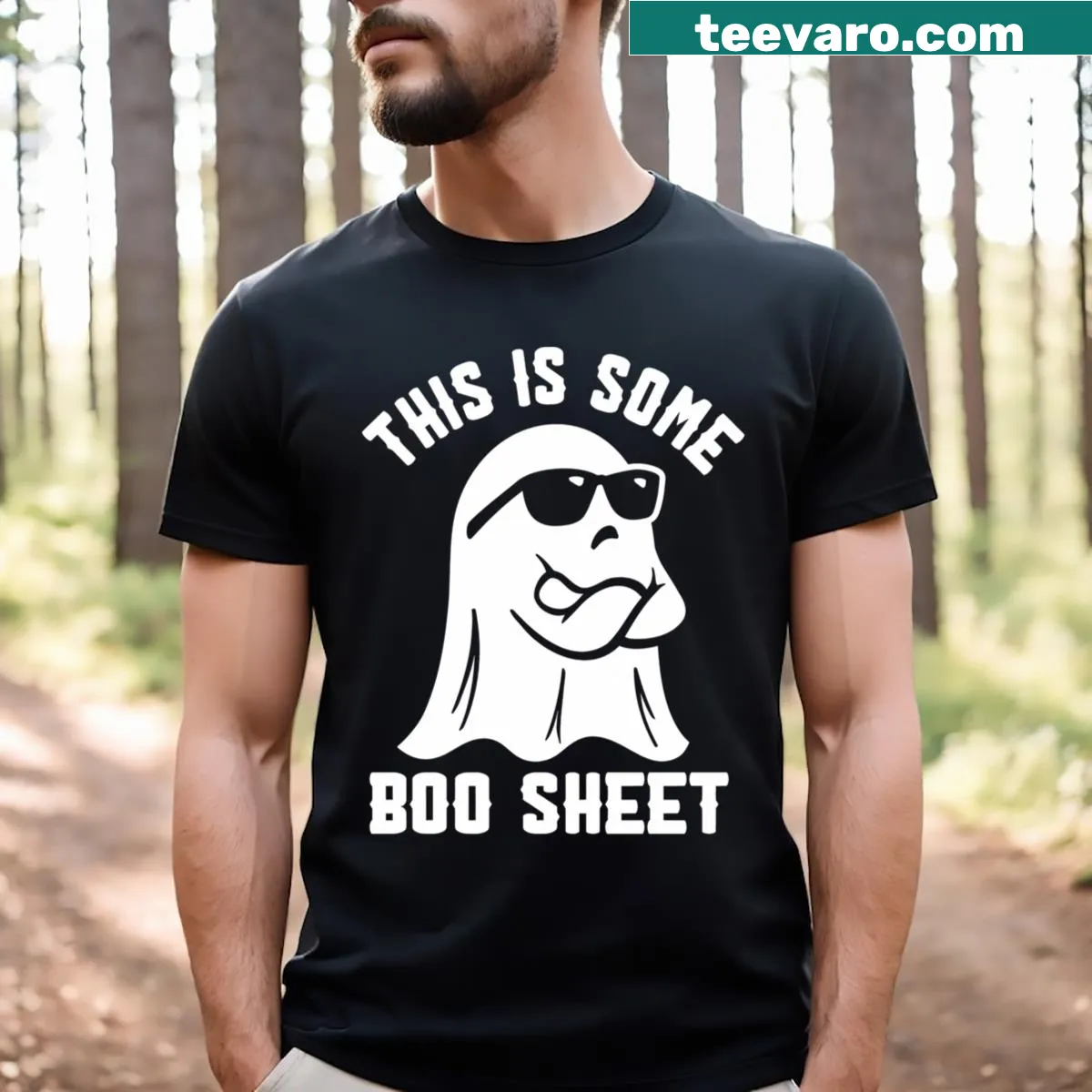 Funny Halloween-themed t-shirt with ghost graphics and text — on a men's t-shirt