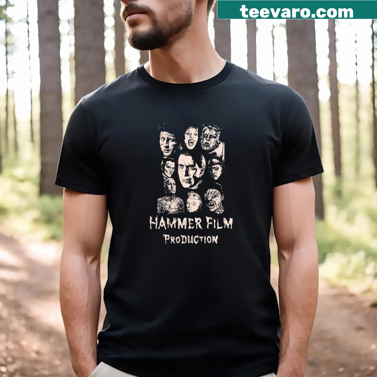 Illustration of classic Hammer Films horror imagery on shirt — on a men's t-shirt