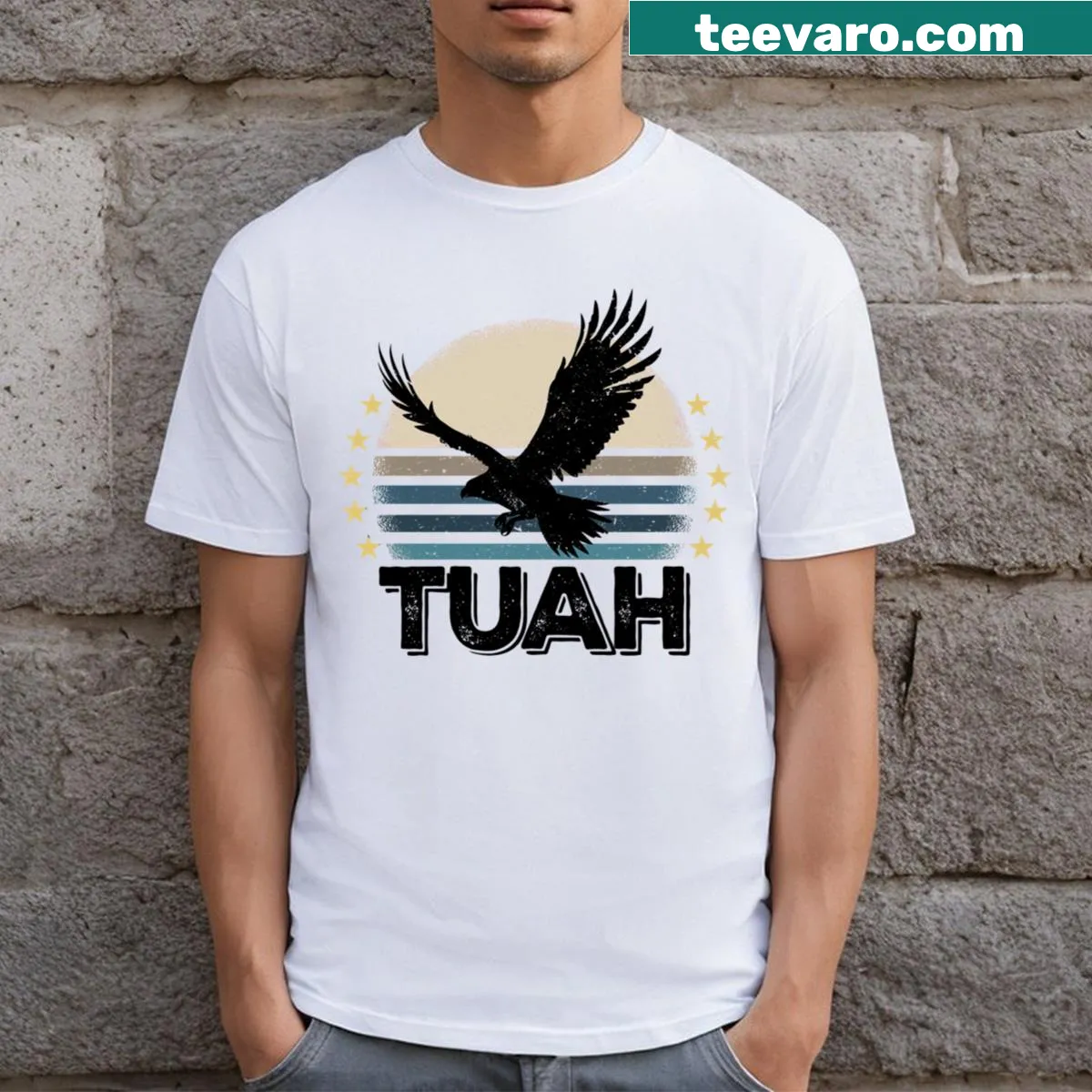 Retro sunset design featuring a hawk on t-shirt — on a men's t-shirt