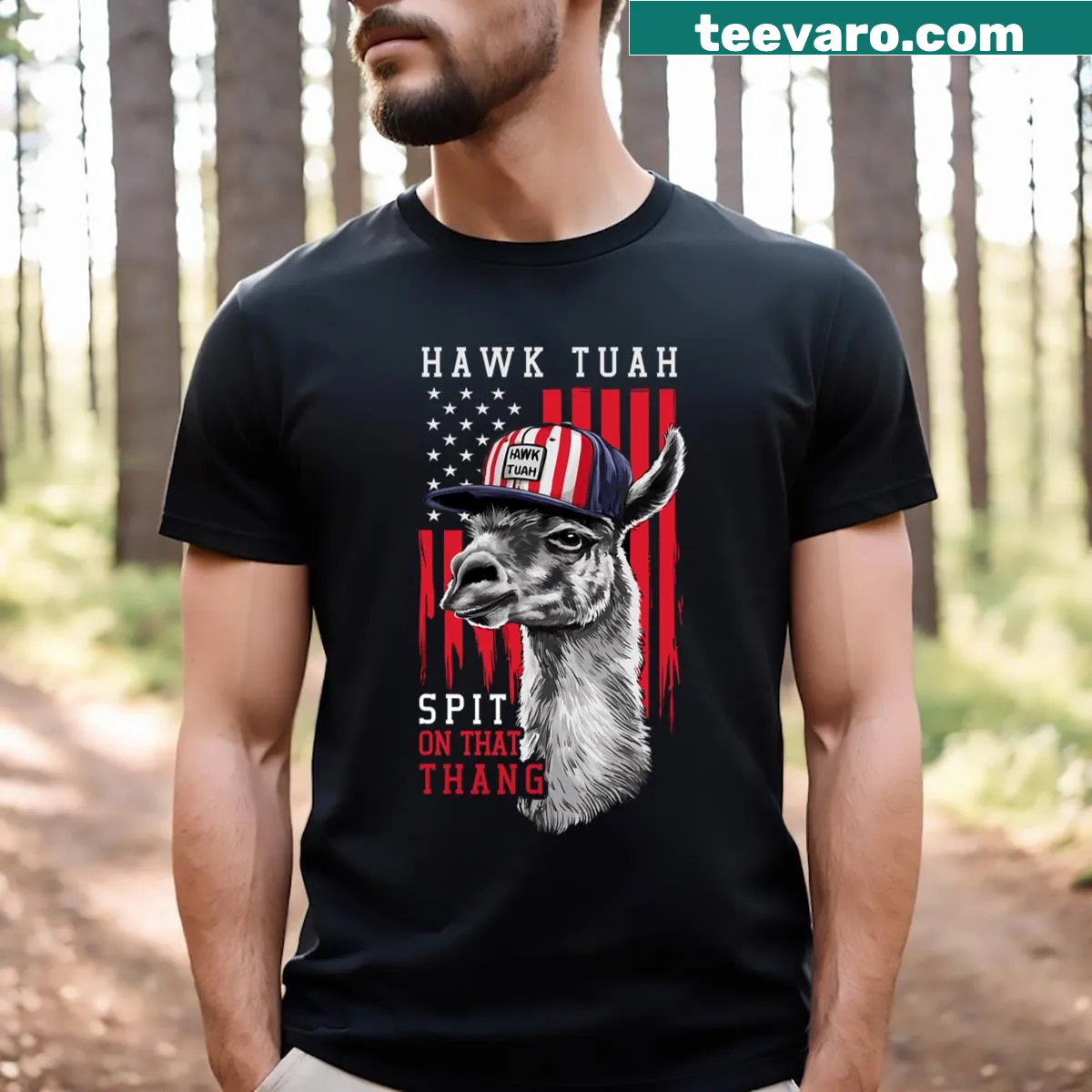 Funny llama graphic on July 4th T-shirt — on a men's t-shirt