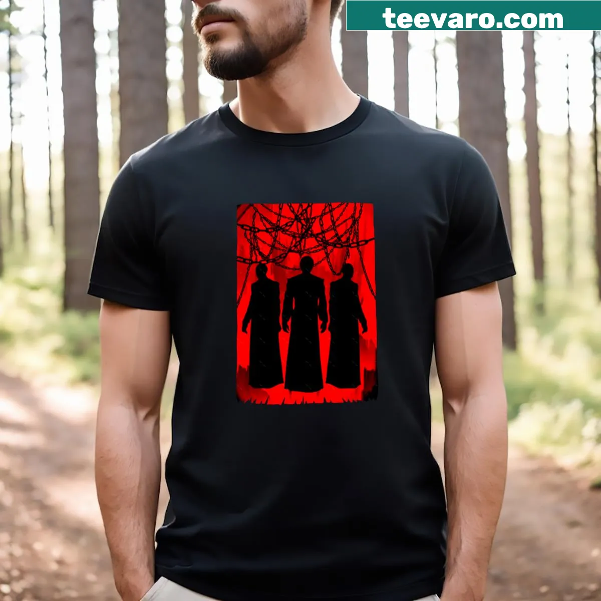 Hellraiser T-shirt featuring the iconic trio in a graphic design. — on a men's t-shirt
