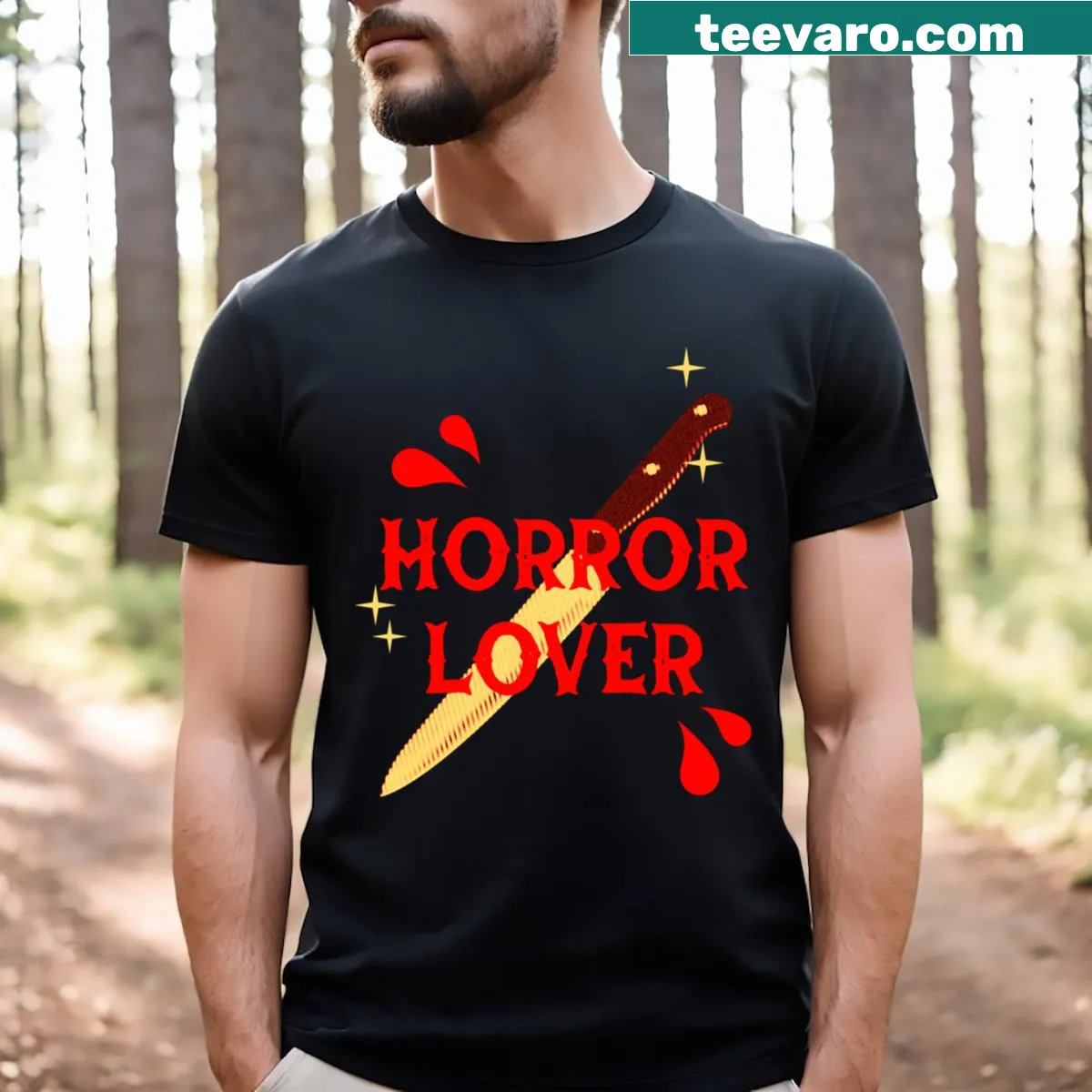 T-shirt featuring a whimsical design of a knife and sparkles. — on a men's t-shirt