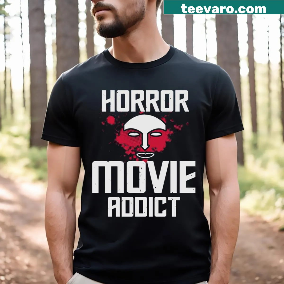 Horror Movie Addict T-shirt with bold text — on a men's t-shirt