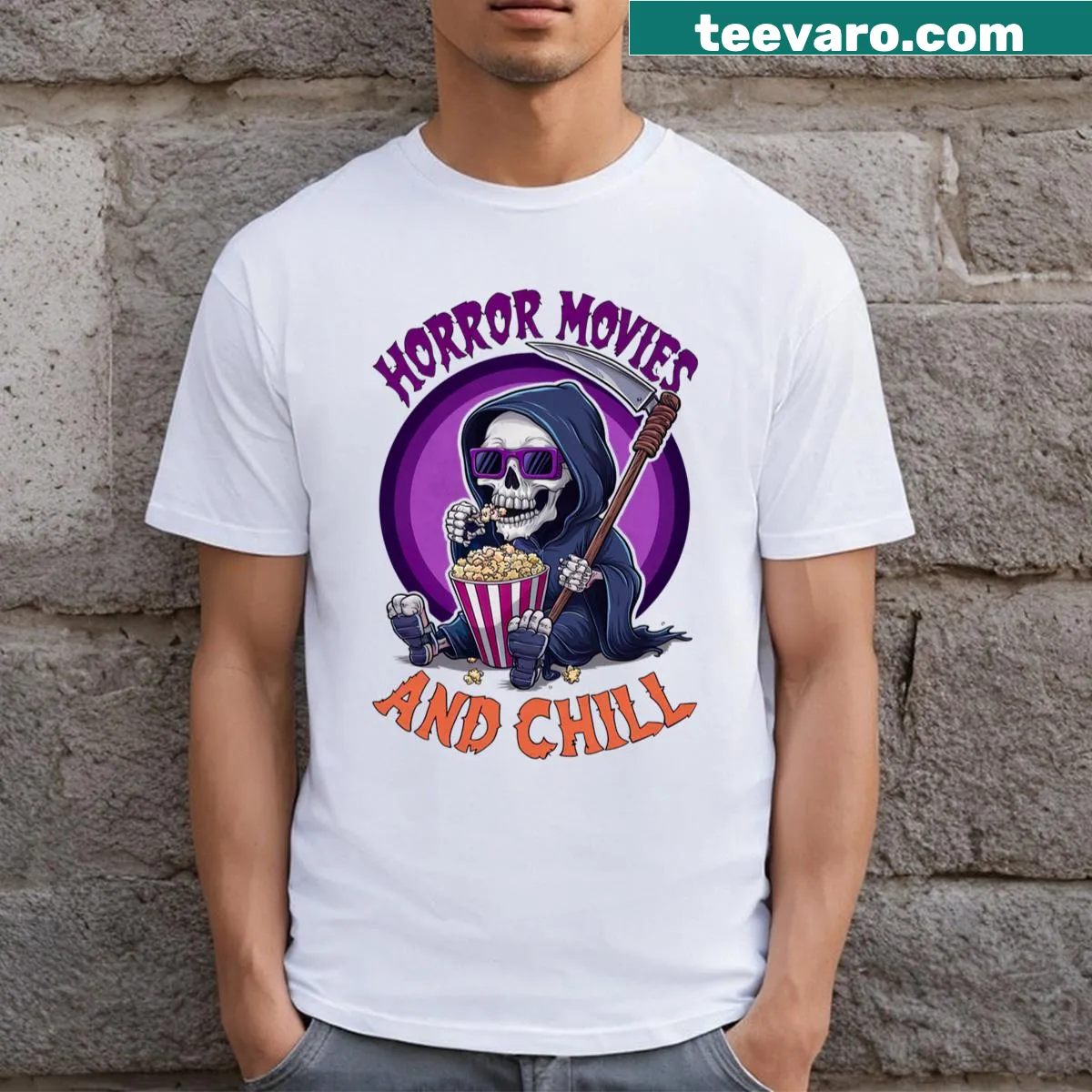 T-shirt with the phrase 'Horror Movies And Chill' — on a men's t-shirt