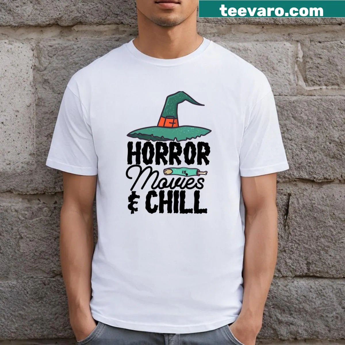 Chill horror movies t-shirt with playful text design. — on a men's t-shirt