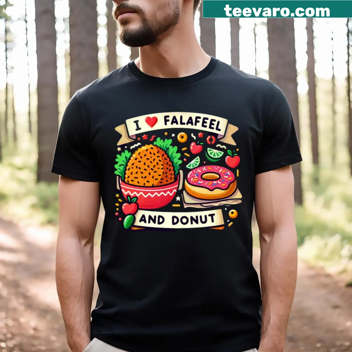 Funny graphic T-shirt featuring a heart design with falafel and donuts — on a men's t-shirt