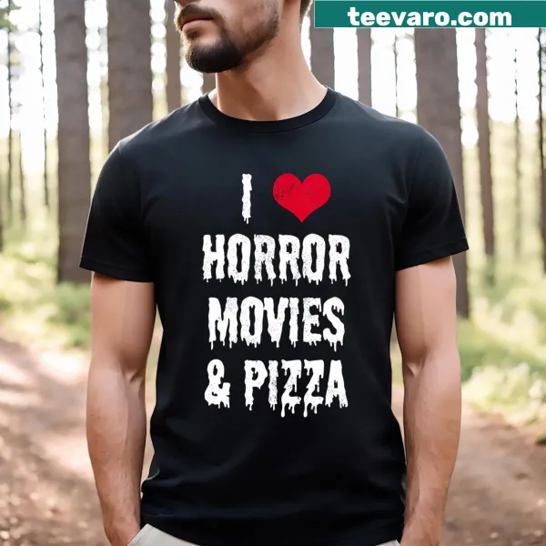 Playful T-shirt about love for horror movies and pizza