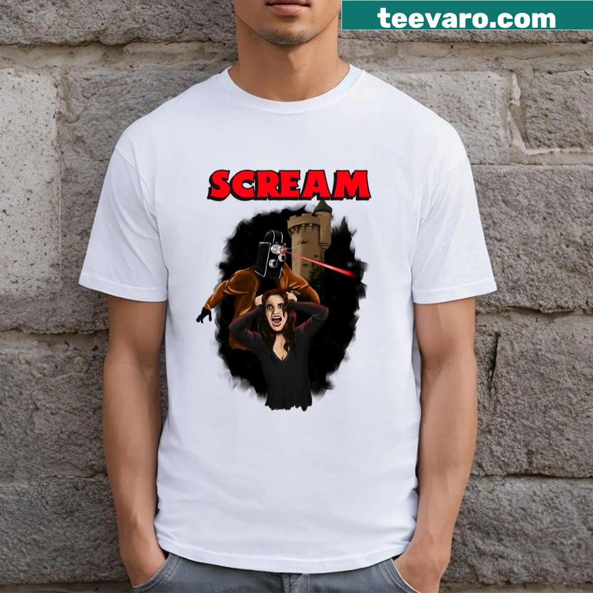 Text design stating 'I Love Horror Movies' on T-shirt — on a men's t-shirt