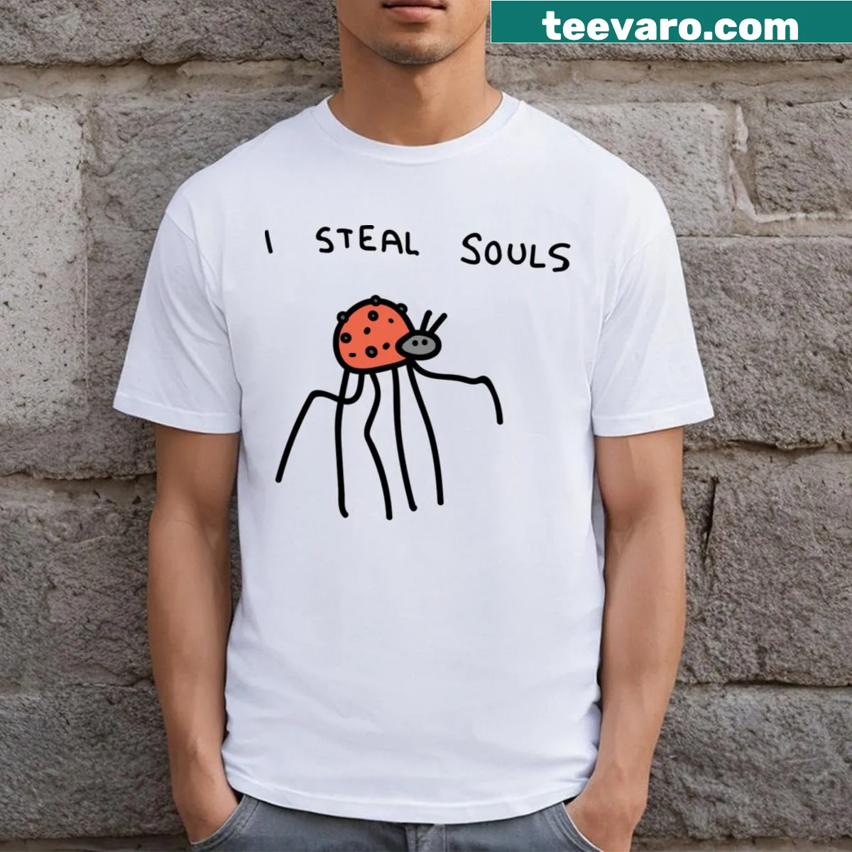 Black t-shirt featuring the phrase I Steal Souls in bold typography — on a men's t-shirt
