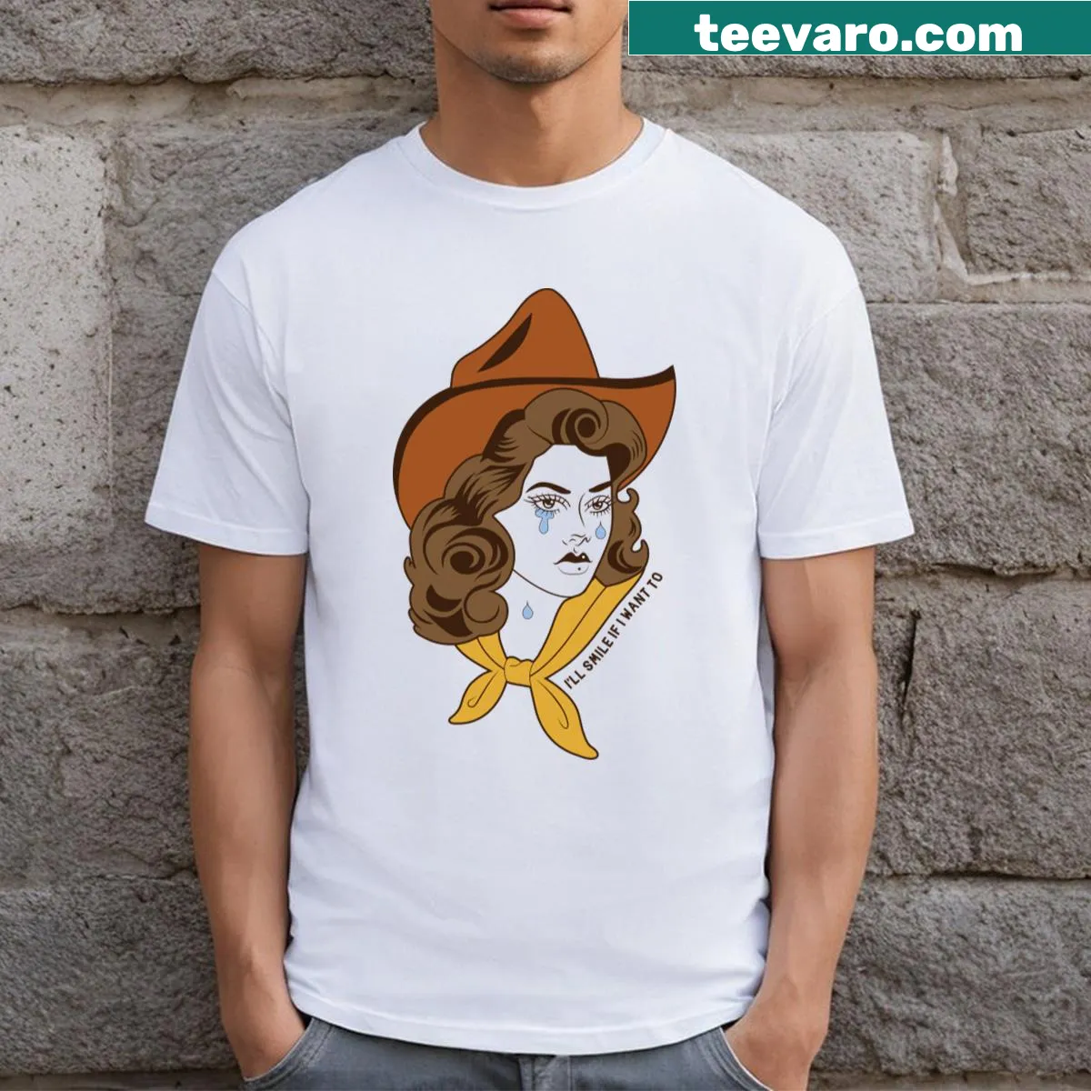 T-shirt featuring a cowgirl graphic and the phrase I'll Smile If I Want To — on a men's t-shirt