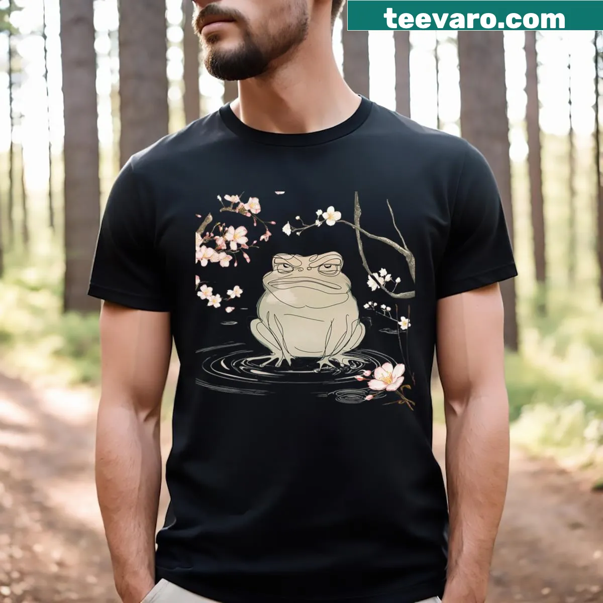 Whimsical grumpy frog graphic on a Japanese-themed T-shirt — on a men's t-shirt