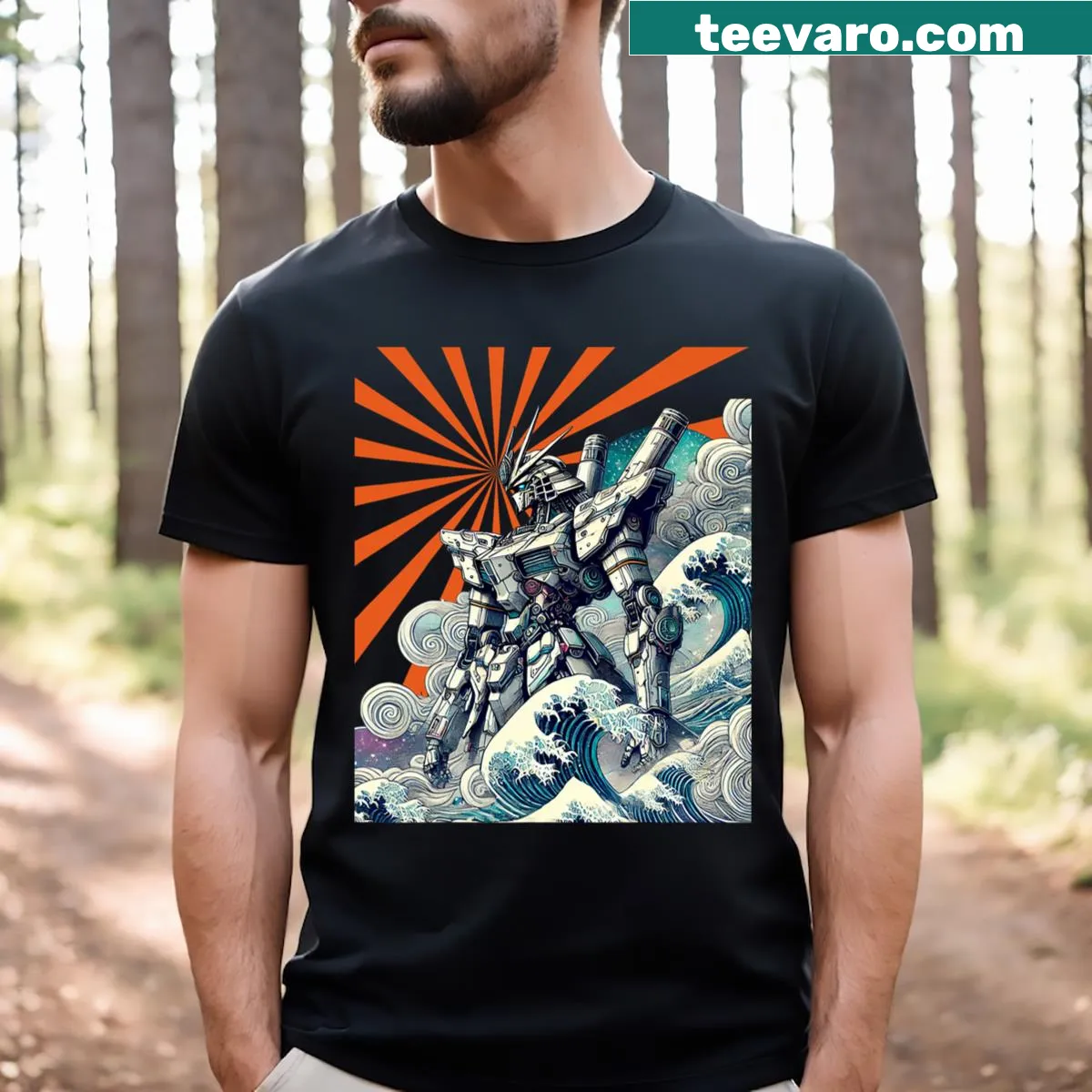 Mecha anime t-shirt featuring Kanagawa Great Wave illustration — on a men's t-shirt