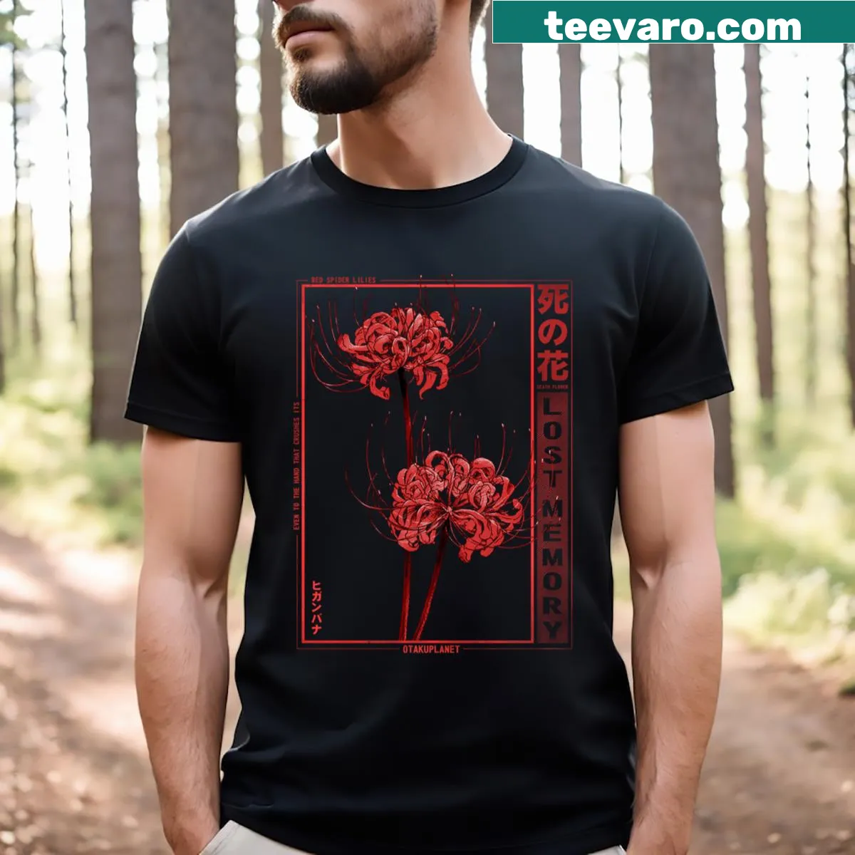 Grunge anime aesthetic t-shirt featuring Japanese spider lily design — on a men's t-shirt
