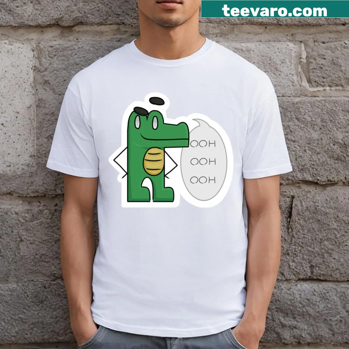 Whimsical T-shirt featuring Jimmy the Crocodile illustration — on a men's t-shirt
