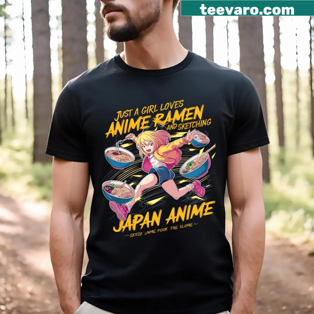 T-shirt celebrating anime, ramen, and sketching with playful typography. — on a men's t-shirt