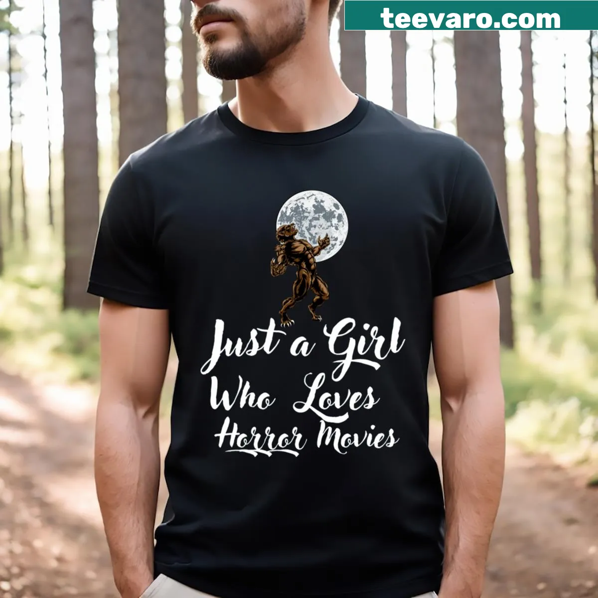 Bold typography T-shirt expressing love for horror movies — on a men's t-shirt