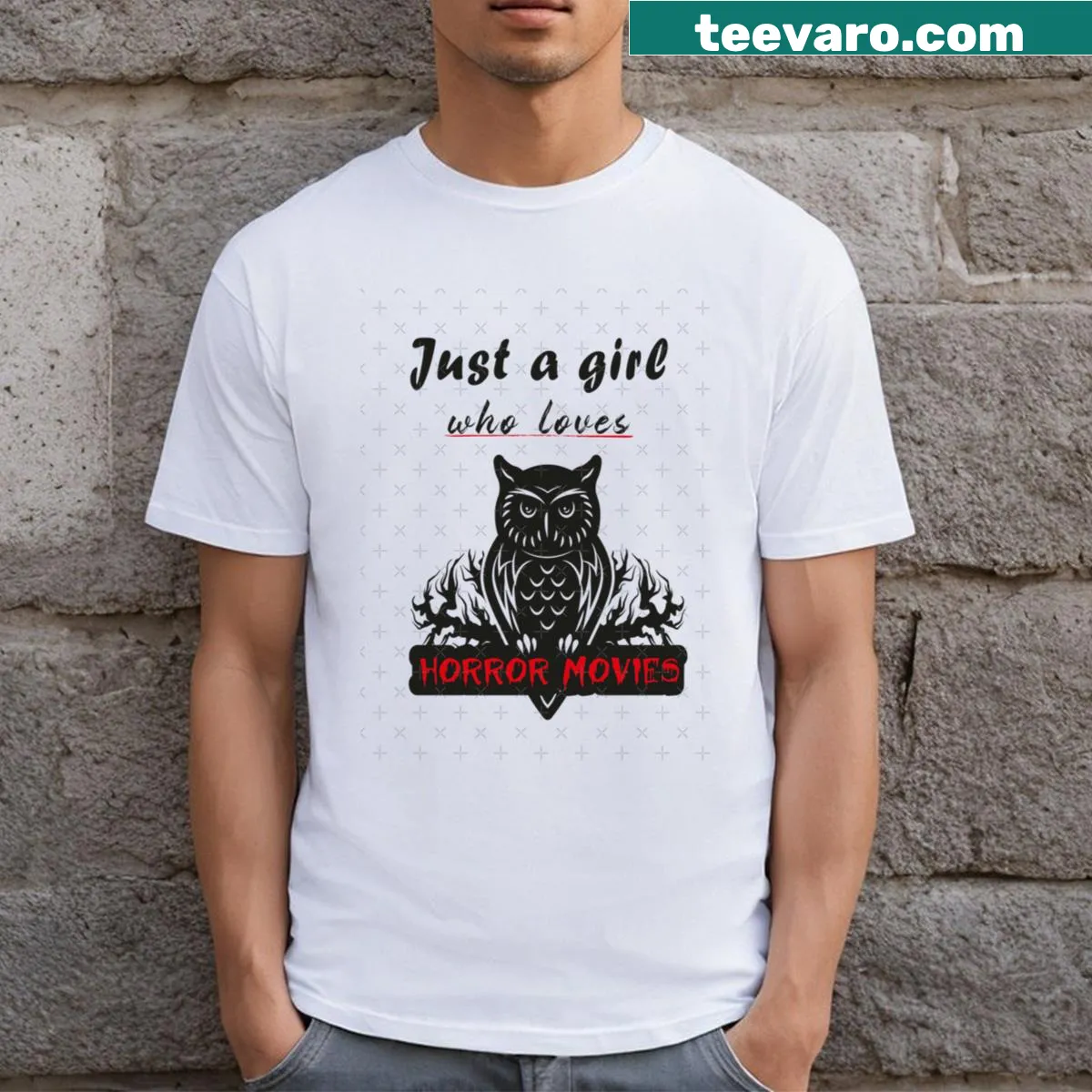 T-shirt with text Just A Girl Who Loves Horror Movies — on a men's t-shirt
