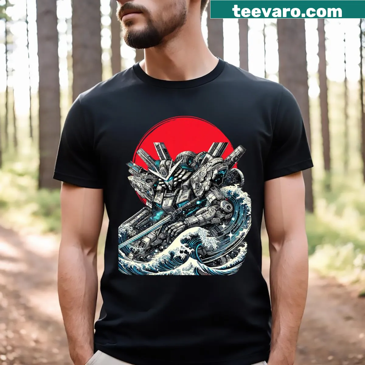 Mecha Kanagawa wave design on T-shirt — on a men's t-shirt