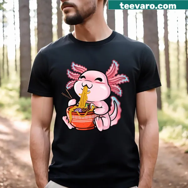 Kawaii axolotl with ramen bowl graphic on a t-shirt