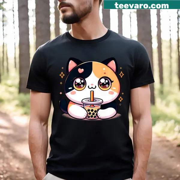 Kawaii cat enjoying bubble tea graphic on a t-shirt