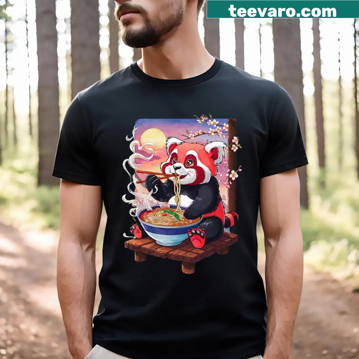 Cute red panda enjoying ramen in a cartoon style. — on a men's t-shirt