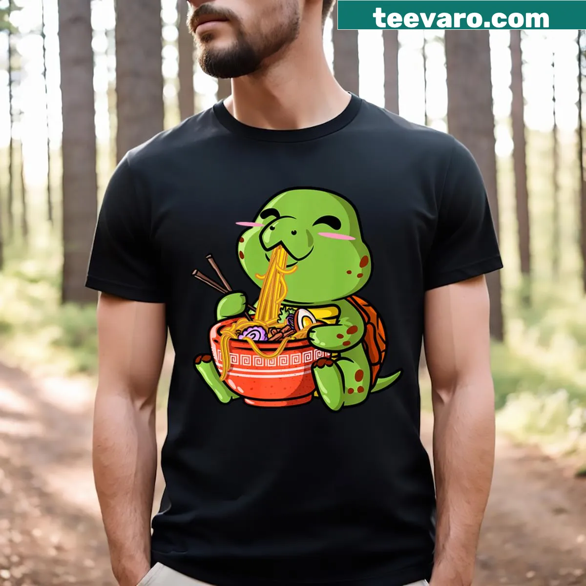 Cute turtle enjoying ramen in a cartoon style. — on a men's t-shirt