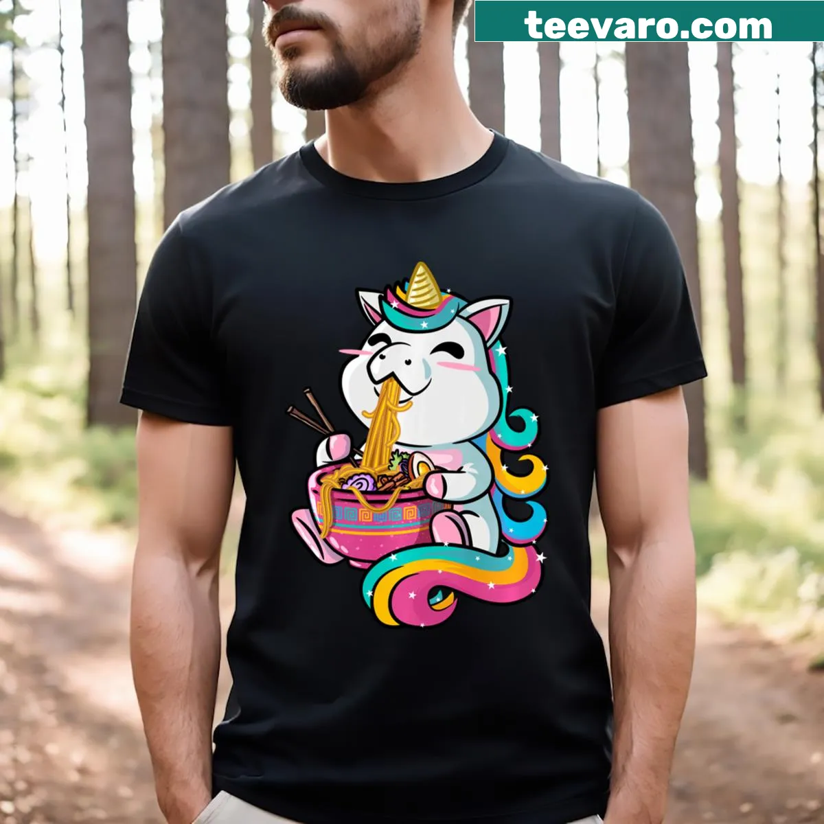 Whimsical unicorn diving into a bowl of ramen, cute cartoon design. — on a men's t-shirt