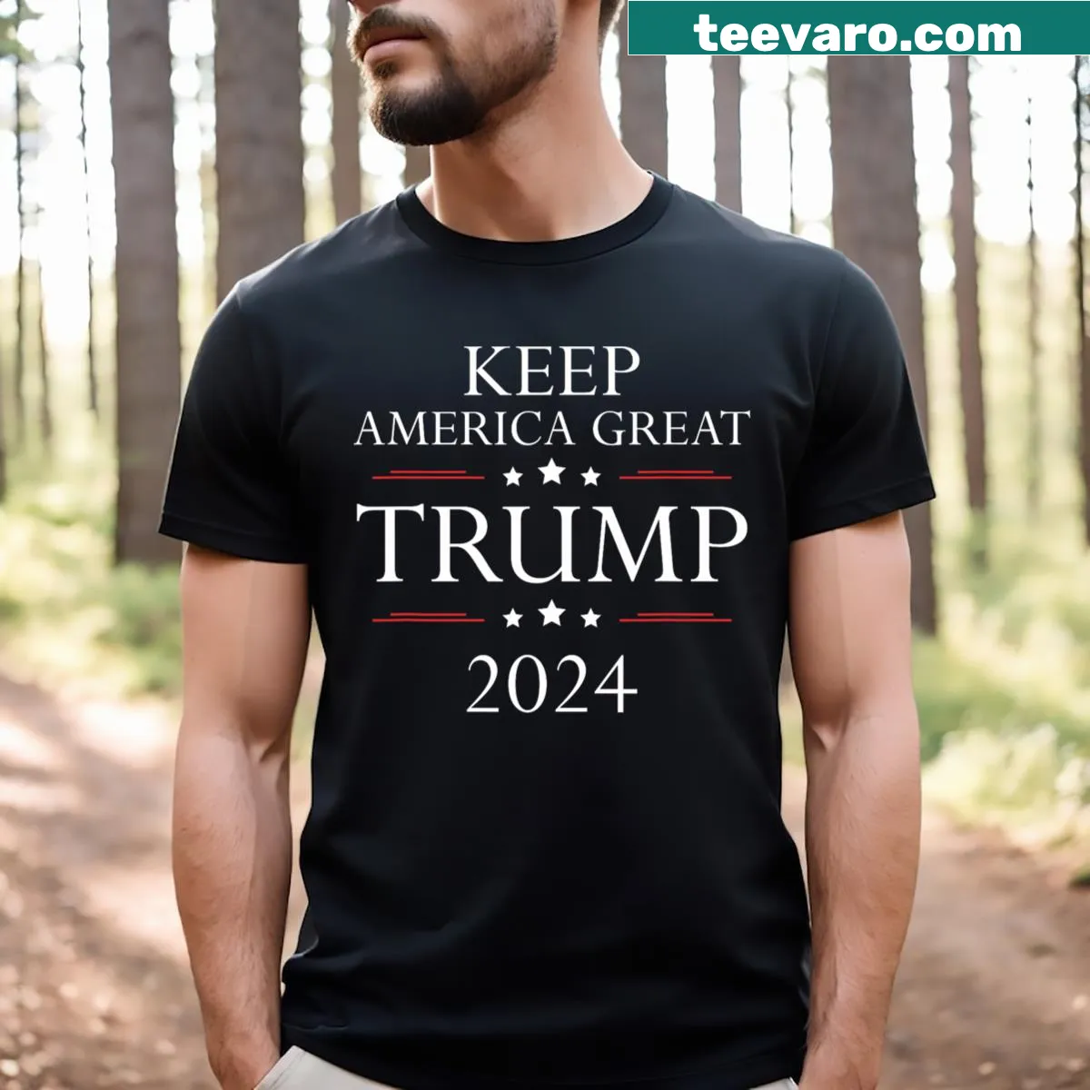 Typographic T-shirt with Keep America Great slogan for Trump 2024. — on a men's t-shirt