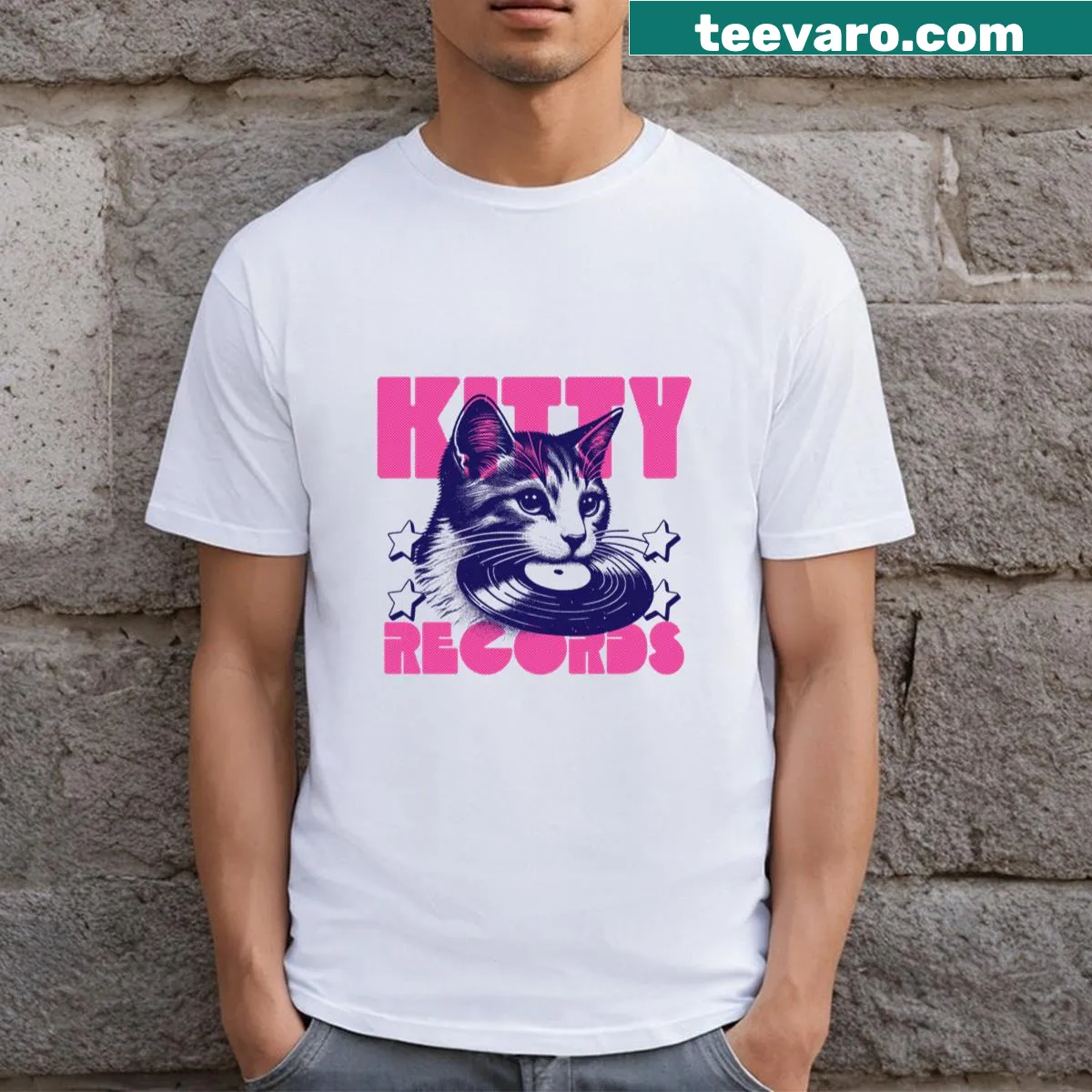 Cat DJing with vinyl records graphic on a t-shirt — on a men's t-shirt