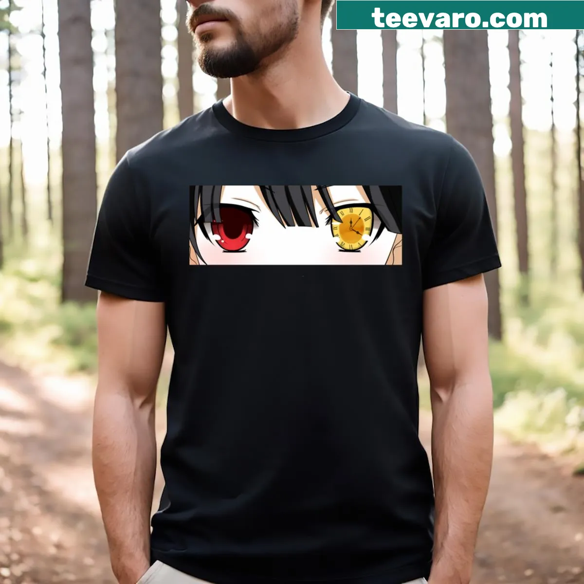 Kurumi anime t-shirt with a playful peeking eyes graphic — on a men's t-shirt
