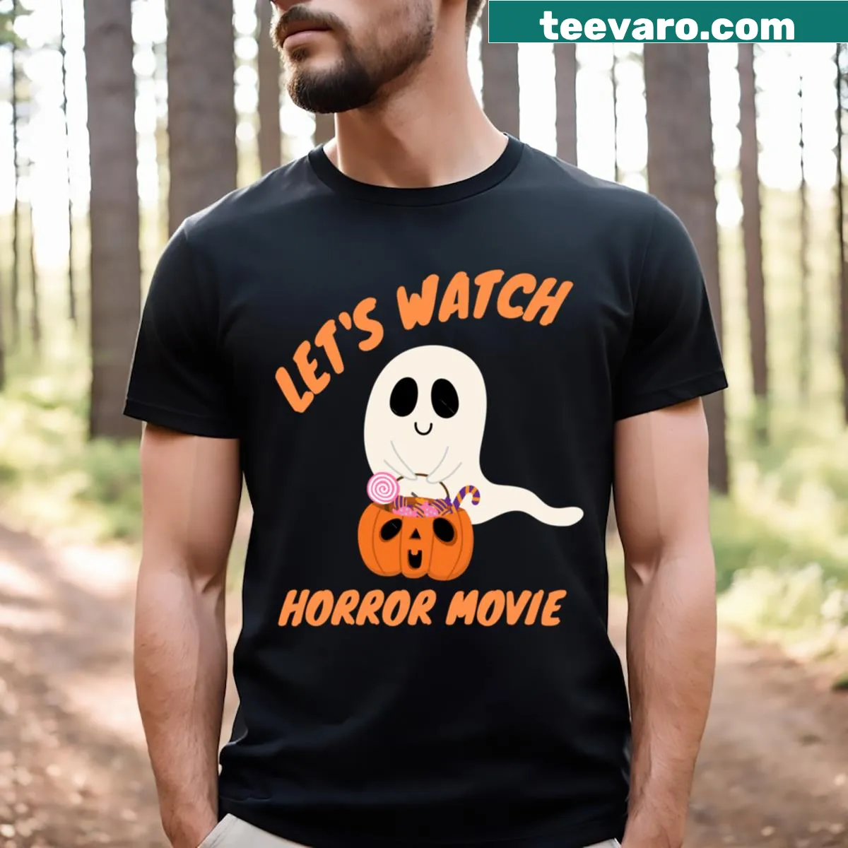 Sticker-style t-shirt with a playful horror movie design — on a men's t-shirt