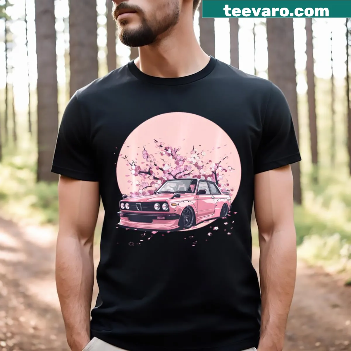 Illustration of a cherry blossom girl with a race car — on a men's t-shirt