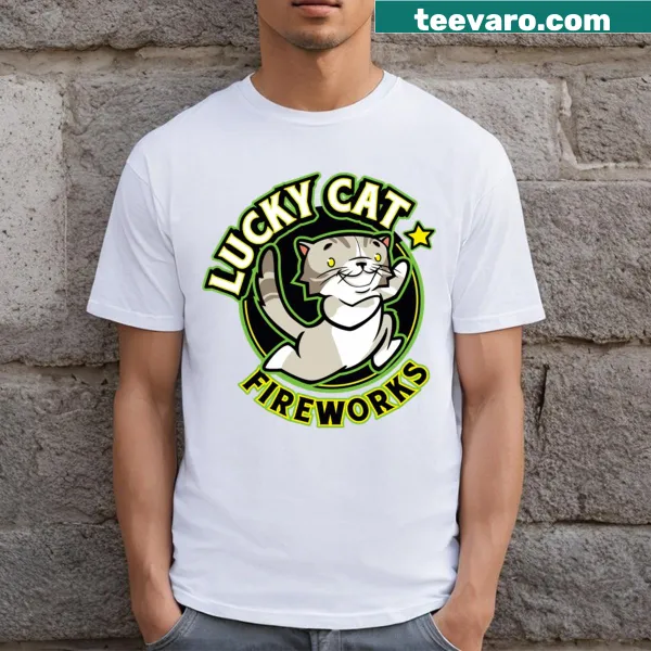 T-shirt featuring a lucky cat surrounded by fireworks