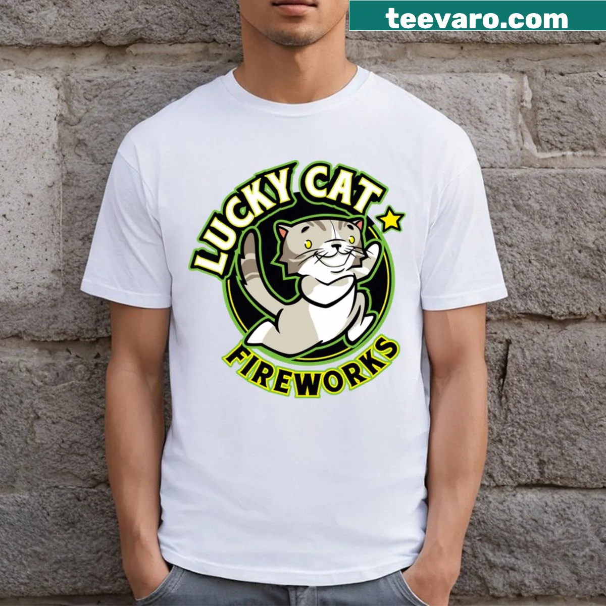 T-shirt featuring a lucky cat surrounded by fireworks — on a men's t-shirt