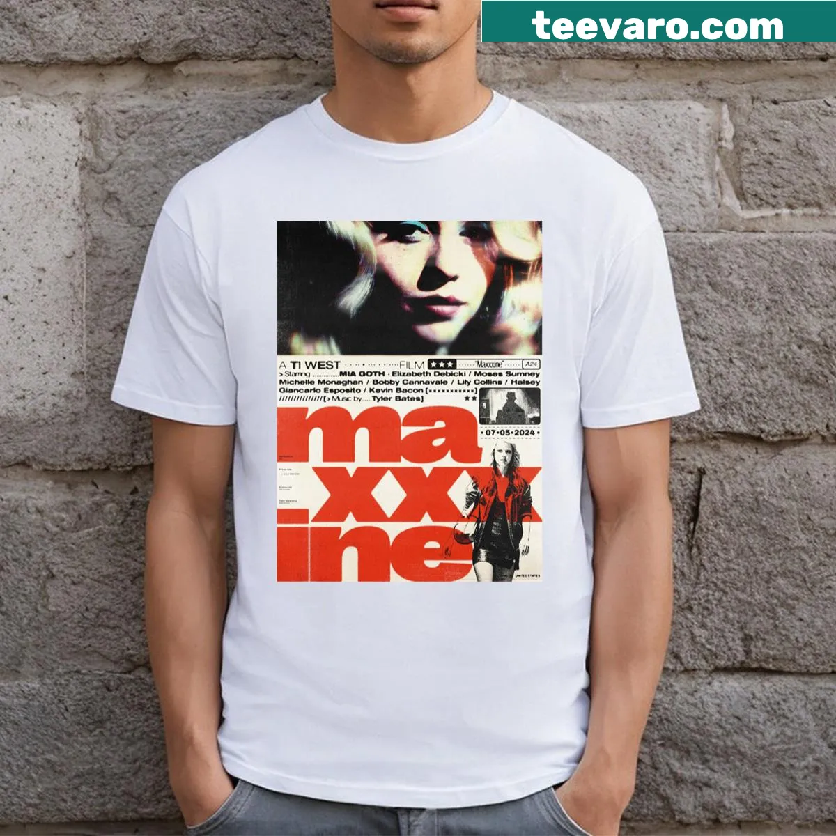 Illustrated T-shirt inspired by Maxxxine movie from A24 — on a men's t-shirt