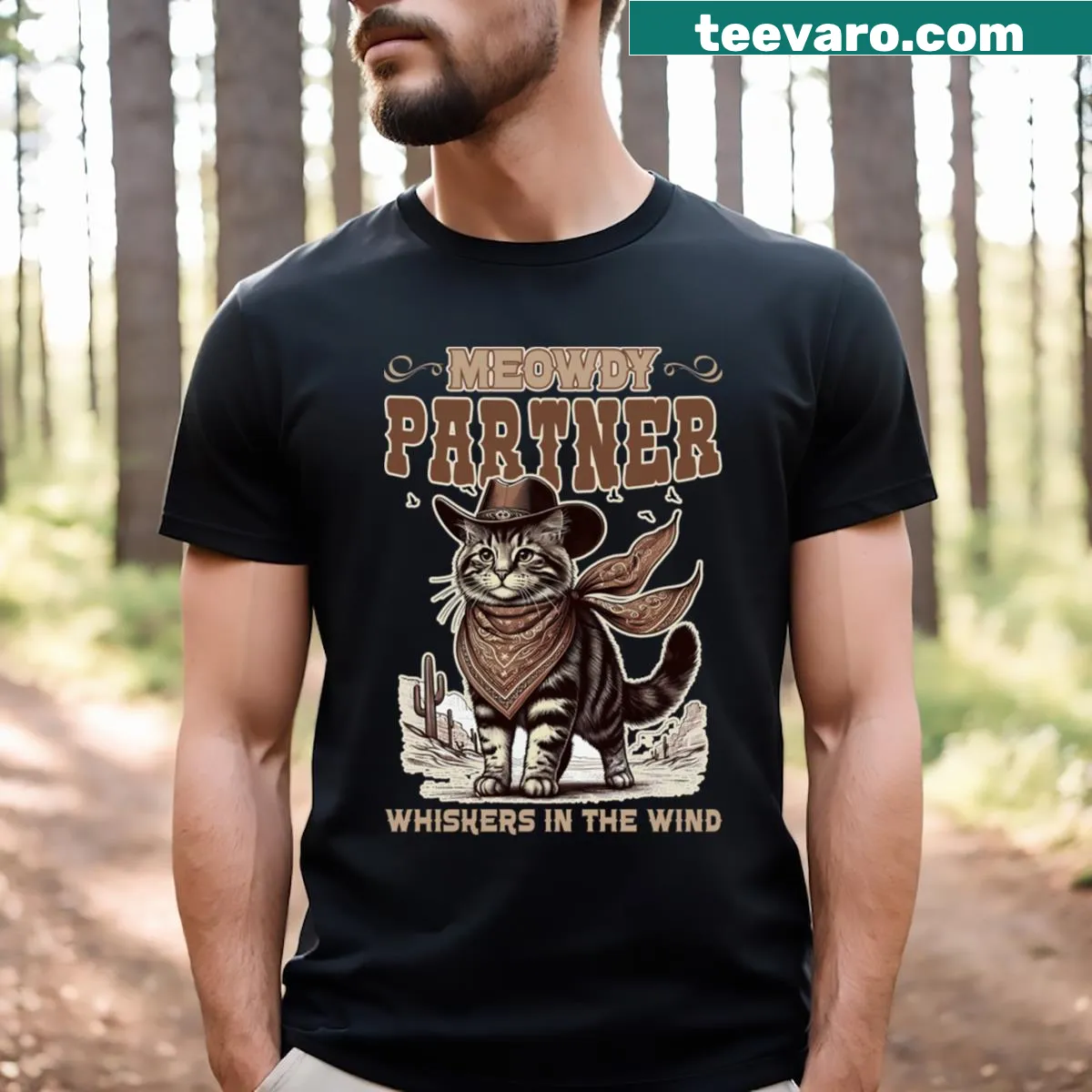 Vintage cowboy cat T-shirt for men with playful design — on a men's t-shirt