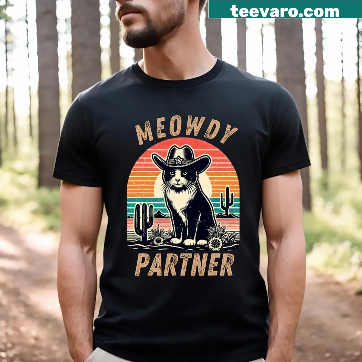 Vintage-style cowboy cat shirt with humorous 'Meowdy Partner' text — on a men's t-shirt