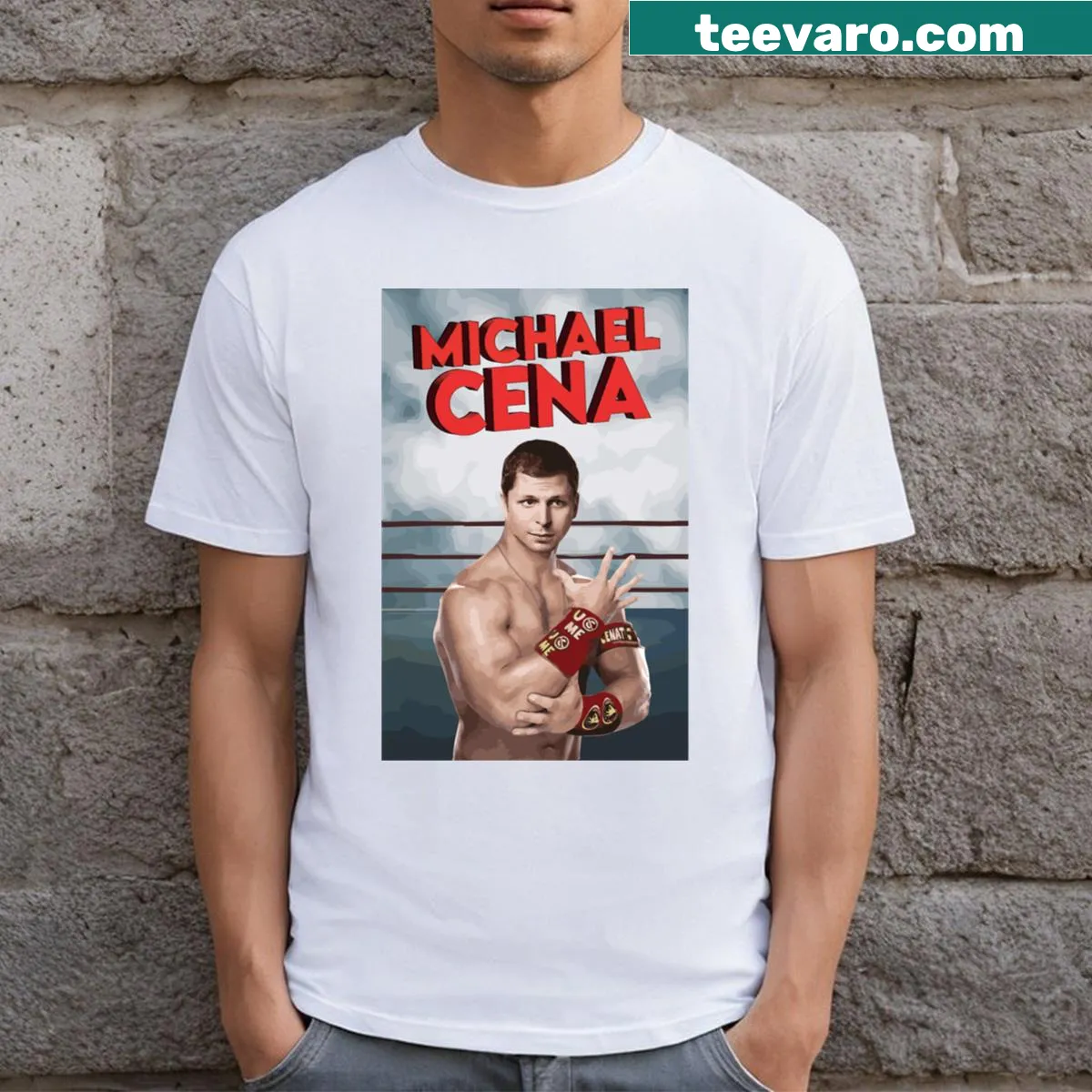 Mashup graphic of Michael Cera and John Cena — on a men's t-shirt