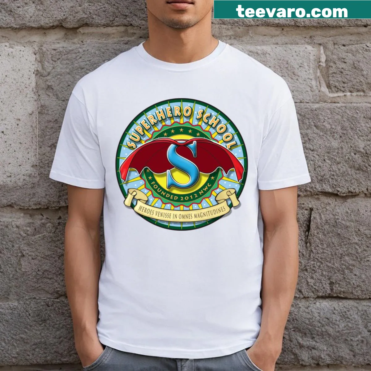 Comic-themed superhero school T-shirt with a playful graphic design — on a men's t-shirt