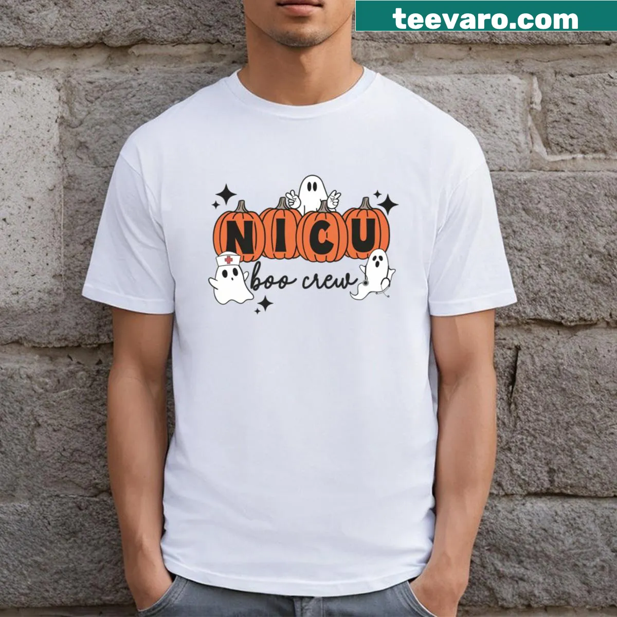 Cute NICU nurse Halloween t-shirt with 'Nicu Boo Crew' design — on a men's t-shirt