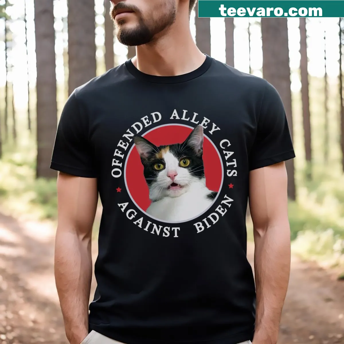Humorous t-shirt featuring alley cats with a political statement — on a men's t-shirt