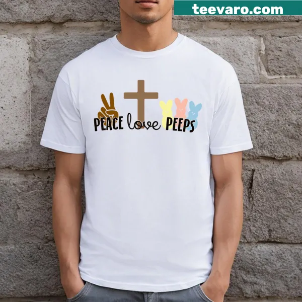 Adorable Easter shirt with whimsical peeps and peace theme.