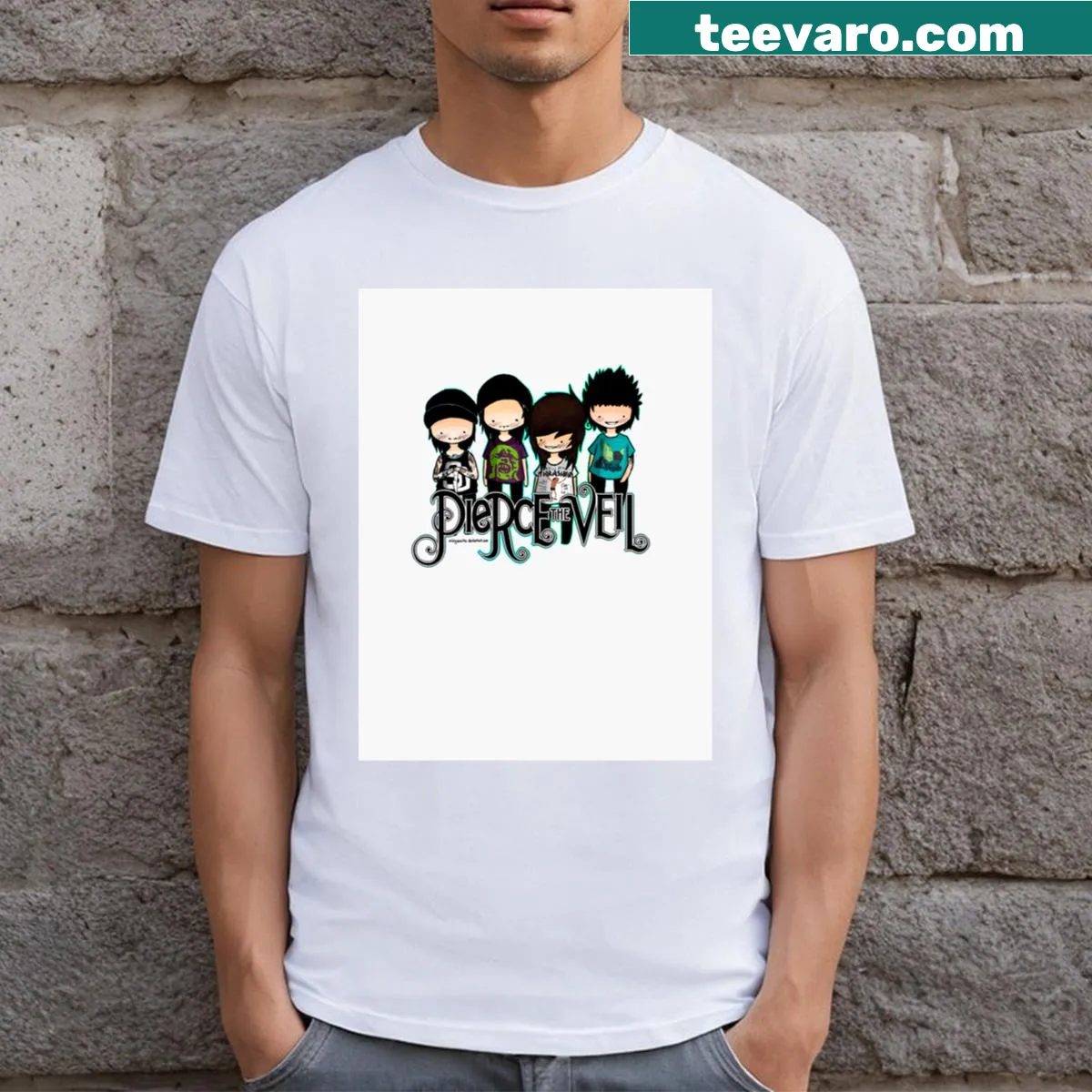 Bold Pierce The Veil band name graphic t-shirt — on a men's t-shirt