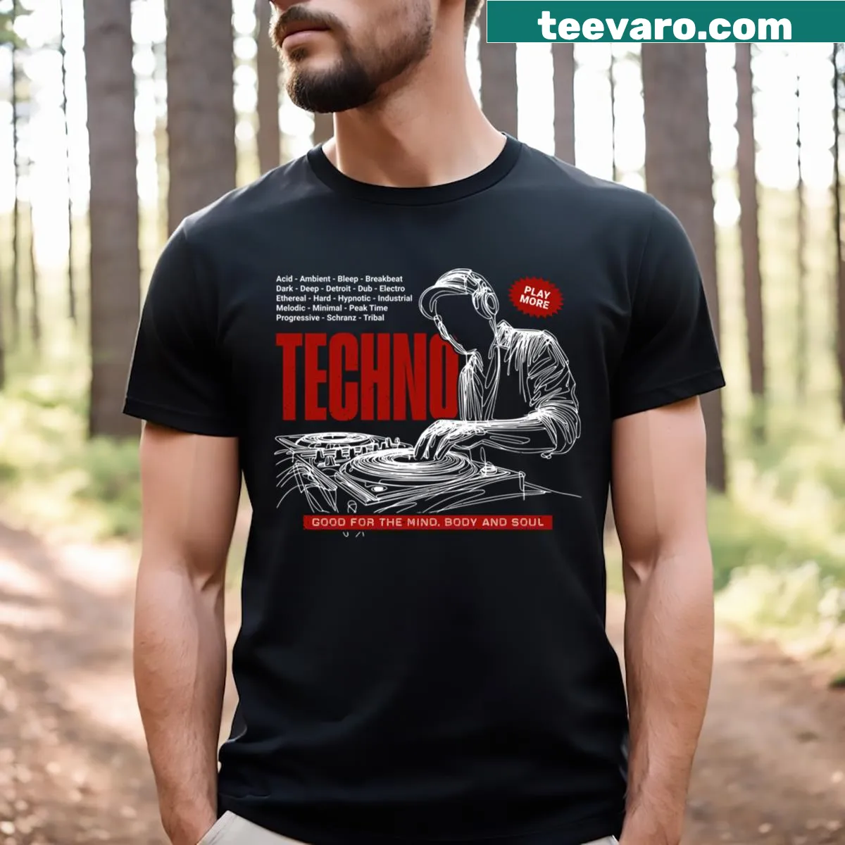 Playful DJ-themed T-shirt with techno music slogan — on a men's t-shirt