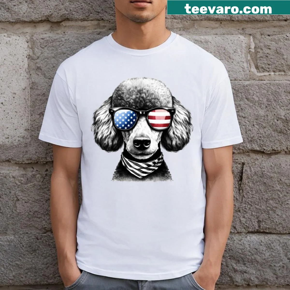 Fourth of July t-shirt with a poodle and patriotic symbols — on a men's t-shirt